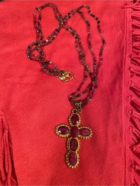 Gold-Tone Cross Pendant Necklace with Pink/Red Gemstones - Unbranded